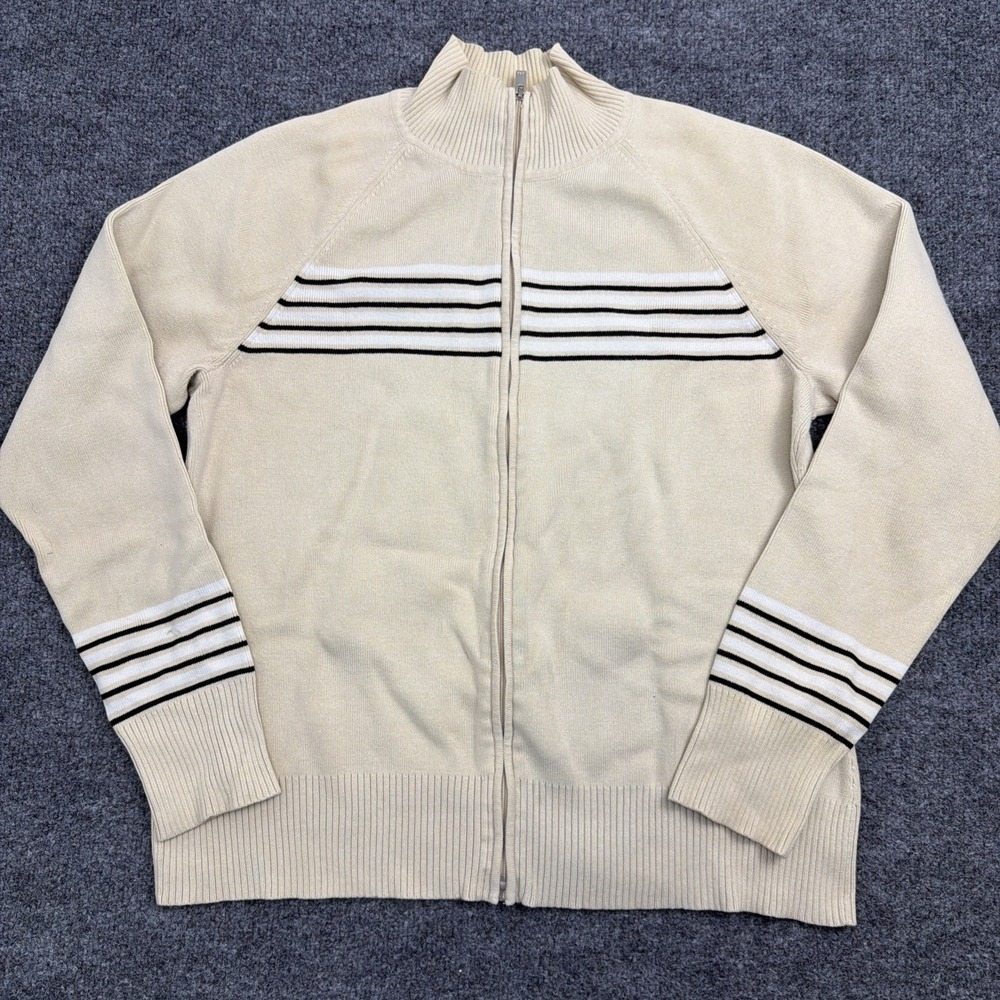 IZOD Golf Full Zip Sweater Jacket Womens Medium Cream Navy Striped Knit Cardigan